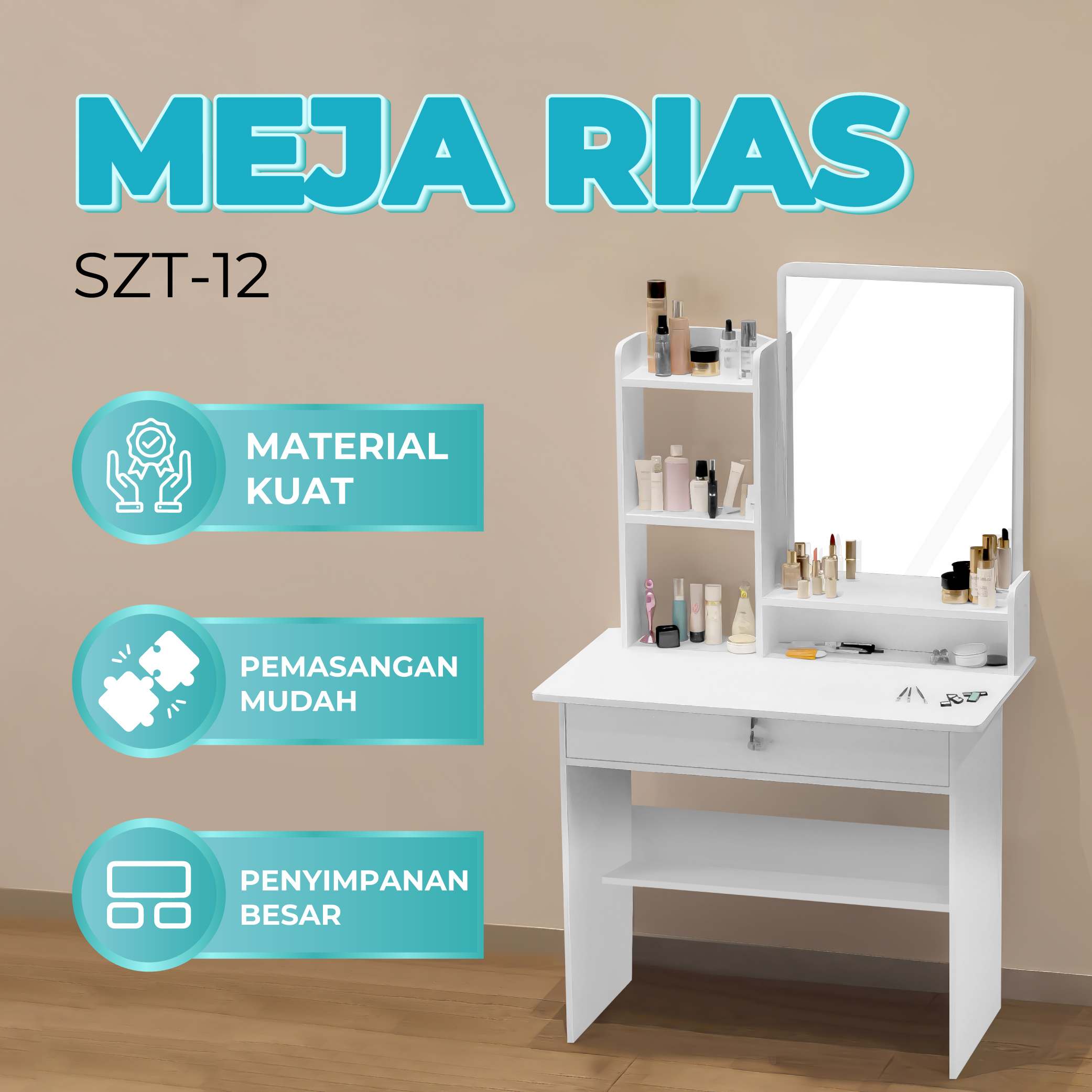 Meja Rias Multifungsi dengan Cermin Besar Meja Rias Kayu dengan Desain Minimalis