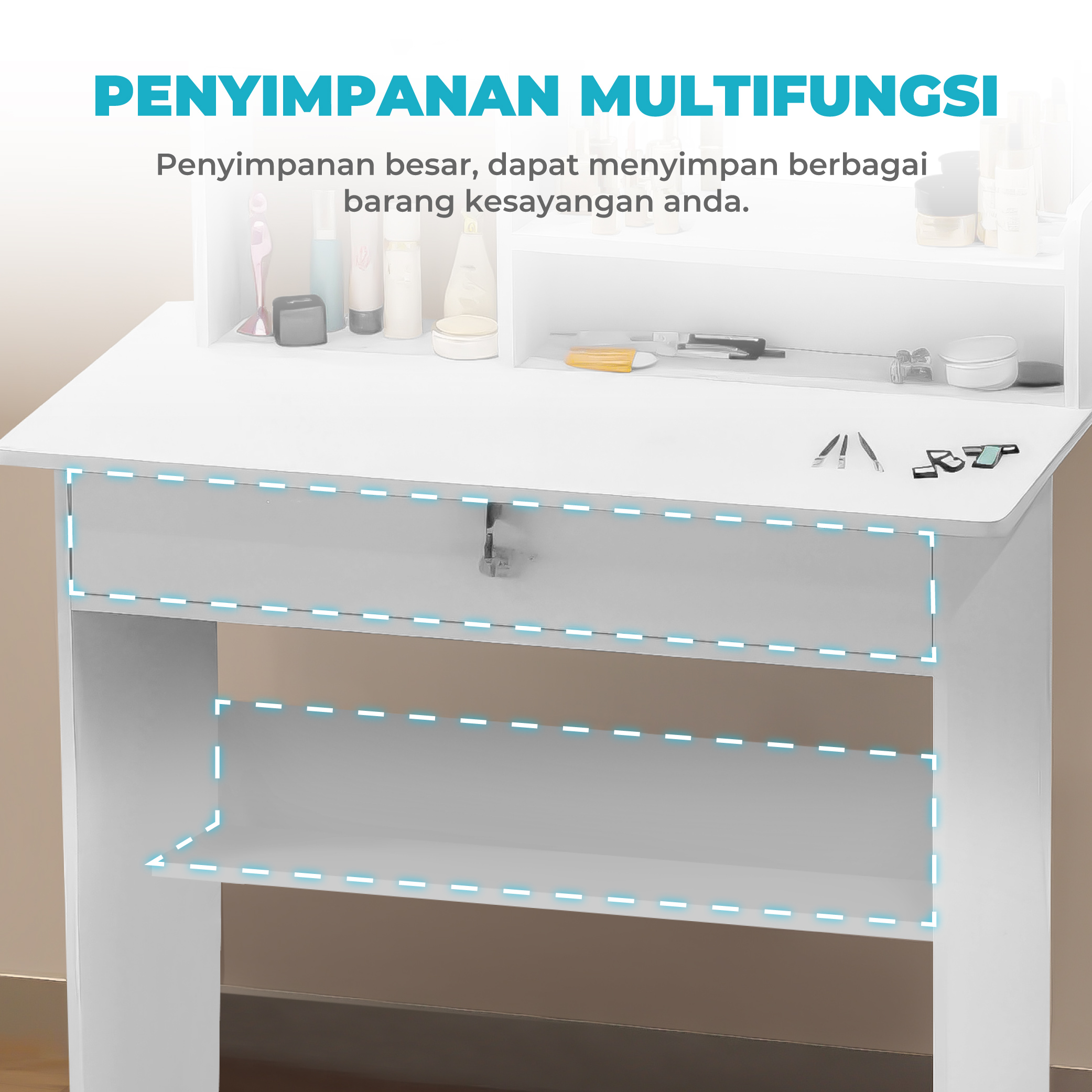 Meja Rias Multifungsi dengan Cermin Besar Meja Rias Kayu dengan Desain Minimalis - Gambar 2