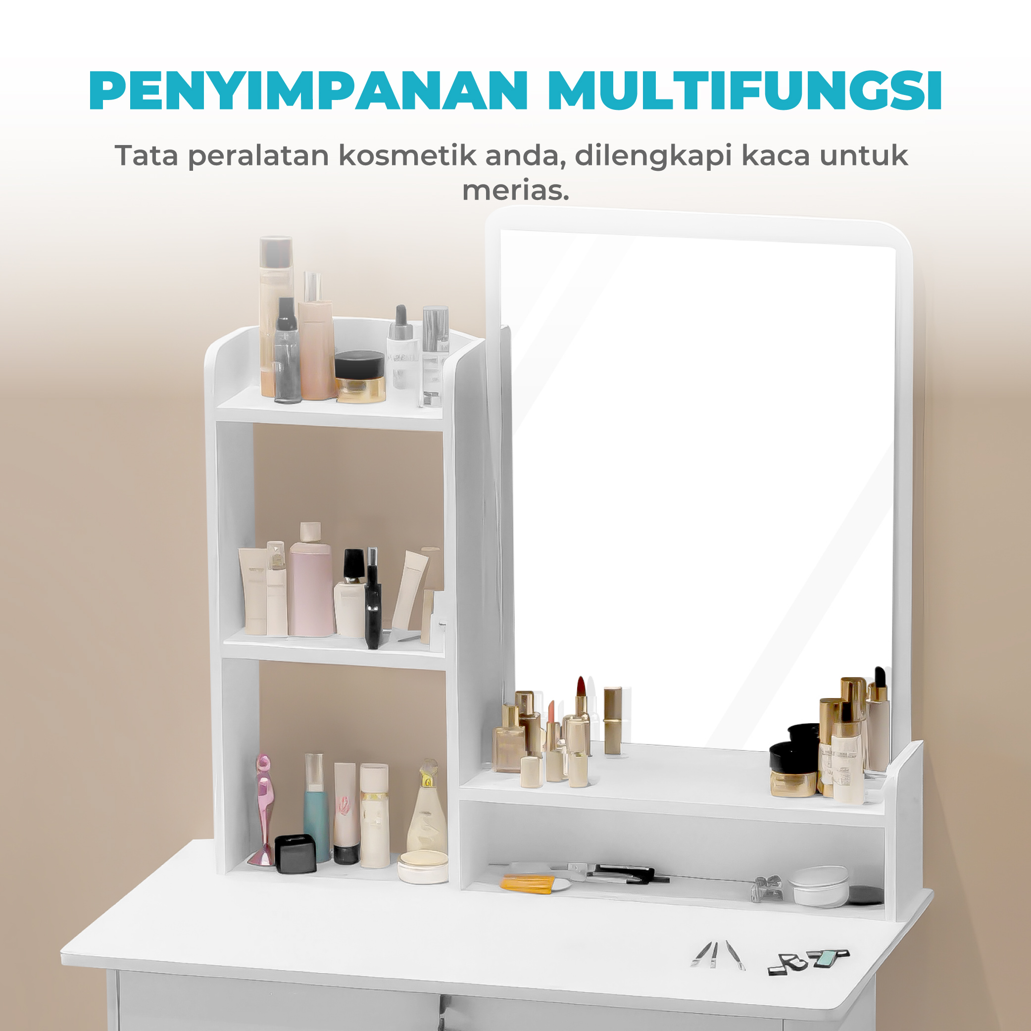 Meja Rias Multifungsi dengan Cermin Besar Meja Rias Kayu dengan Desain Minimalis - Gambar 3